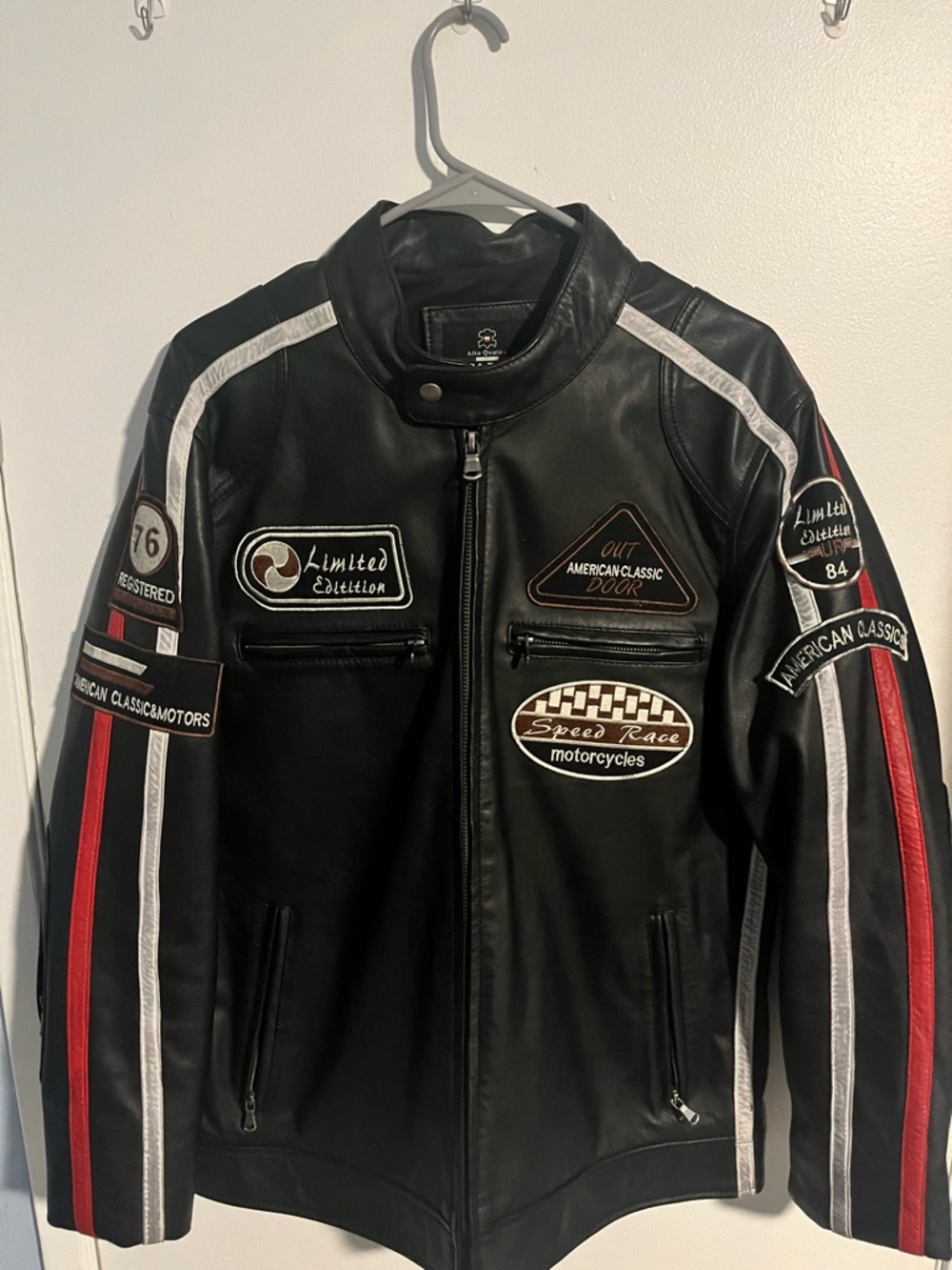 Vera Pelle Black Leather Bomber Jacket with Red & White Stripes